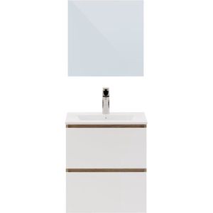Mystic vasque kast 2 laden + spiegel - l 61 x d 47 x h 68 cm - molaminaat eik en wit glanzend wit