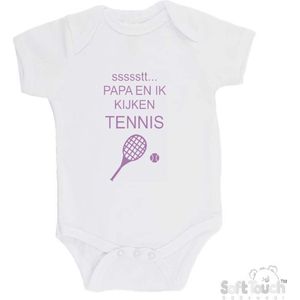 100% katoenen Romper ""ssssstt... Papa en ik kijken tennis"" Meisjes Katoen Wit/lila Maat 62/68