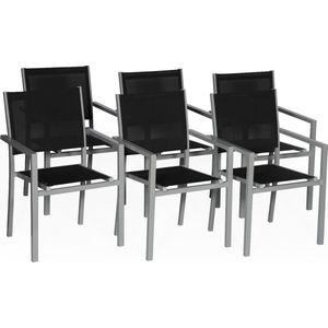 Set van 6 grijze aluminium stoelen - zwart textilene