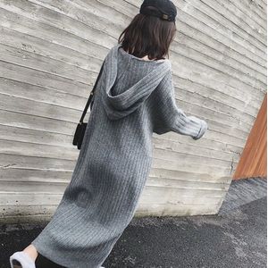 Dames Winter Lange Jurk met Hoodie – Effen Kleur Gebreide Lange Mouw Jurk, Casual Mode Streetwear, Warme Vrouwen Jurk, Dikke Gebreide Jurk voor Herfst en Winter, Maat M