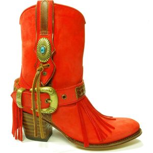 Sendra Boots 11970 Laly Rood Handgemaakt Dames Enkellaars Nubuck Ronde Neus Hoge hak Sierspoor Koper Gespen Echt Leer Maat 36