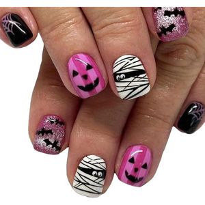 Allecto plus - Set van 24 stuks Paarse Halloween Kunstnagels met Mummies, Vleermuizen en Spinnen - Inclusief Volledige Nagellijm - Voor Vrouwen Manicurekunst
