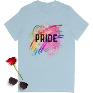 Pride t shirt - Gay pride tshirt - LGBT t-shirt - Dames tshirt met regenboog print - Heren tshirt met pride opdruk - Dames en heren T-shirt - Unisex maten: S M L XL XXL XXXL - Shirt kleuren: Wit, Roze en Sky Blue (licht blauw).