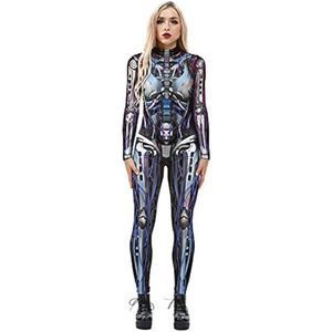Dames Halloween Skelet Kostuum - Stretch Skinny Jumpsuit Bodysuit