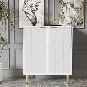Gutent Dressoir, Wit, Tweedeurs Gangkast, Vergulde Poten en Handgrepen, Bloemenmotief, Gelakt, anti-vibratie hoekontwerp, 3 planken, 6 vakken, 75B*40D*90H, geschikt voor woonkamer, badkamer en slaapkamer
