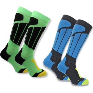 Norfolk Skisokken Kinderen - 2 Paar - Merino Wol Climayarn - Warm en Droog Thermosokken - Antiblaren Skisokken met Schokabsorptie Zonedemping - Maat 35-38 - Blauw/Groen - Aspen Kids