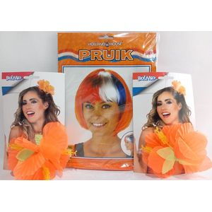 Oranje Set - Pruik met Boblijn - 2 x Haarclip met Bloem - 12 x 12 cm - Thema feest - Voetbal EK /WK - Bevrijdingsfestival - Voordeel Set 3 Stuks