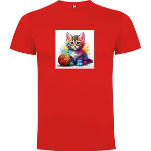 Rood T-Shirt met “ Kleurrijke Kitten met bol wol“ Print Full Color maat 116 / 5/6 jaar