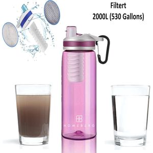 HomeBerg Waterfles Zuiveraar - CE Gekeurd - Veilig Drinken - Filter Straw - Schoon Drinkwater - Waterfilter - Waterzuiveraar - Outdoor life - Survival - BPA-vrij - Filtert 2000L - Roze