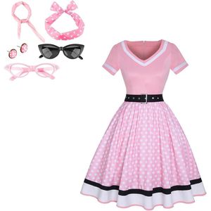 Dames Vintage Jaren 50 Kostuum met Polka Dots en Accessoires - Sjaal Hoofdbanden Oorbellen Bril