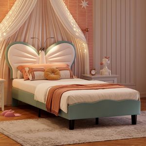 Elegant eenpersoonsbed 90 x 200 cm, schattig vlinderhoofdeinde met 2 leeslampjes, prinsessenbed met modern design, comfortabele fluwelen stof, zonder matras
