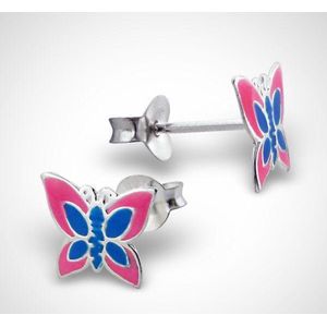 Zilveren oorstekers voor kinderen - vlinder - roze/blauw