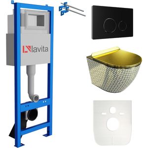 LAVITA® Inbouwreservoir Complete Toiletset LAV 101 - Inbouw WC Hangtoilet Wandcloset SOFI SLIM GOLDEN NEVER DIE - Bedieningsplaat 200.4.4 Zwart - Voorwandelement voor toilet 40cm - Installatiesysteem