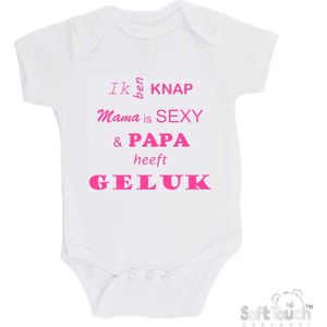 100% katoenen Romper ""Ik ben knap Mama is SEXY & Papa heeft GELUK"" Meisjes Katoen Wit/roze Maat 62/68