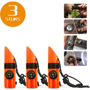 Colorful Sun® 7-in-1 Survivalfluit - 3 Stuks - Oranje - Noodfluit met LED, Kompas, Thermometer, Spiegel, Vergrootglas & Opbergvak - 120 dB Alarmfluit - Voor Noodgevallen, Outdoor, Wandelen, Camping & Sport - Inclusief Sleutelkoord