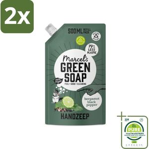 Marcel's Green Soap - Handzeep - Bergamot & Black Pepper - Natuurlijke verzorging - 500 ml - Voordeelverpakking - 2 stuks - Handzeep navulling - Biologische handzeep