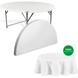MaxxGarden Vouwtafel - Opvouwbare ronde tuin tafel - Klaptafel - Plooitafel - Inklapbare tafel - 183x74 cm - Wit - Incl. Tafelkleed