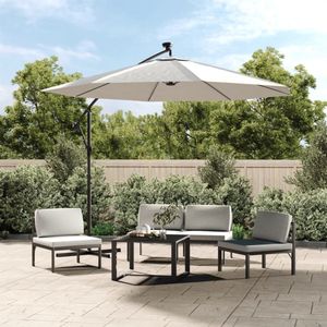 <p>Deze elegante hangende parasol is de perfecte keuze om wat schaduw te creëren en jezelf te beschermen tegen de schadelijke UV-straling van de zon.</p>
<p>Wanneer de zon ondergaat, verlichten de atmosferische, op zonne-energie werkende LED's automatisch je buitenruimte.</p>
<p>De grote luifel heeft een diameter van 300 cm en is gemaakt van UV-bestendig en kleurvast polyester stof.</p>
<p>De sterke metalen paal, ribben (8) en kruisvoet maken de parasol zeer stabiel en duurzaam.</p>
<p>De luifel hangt vrij van de paal, zodat de ruimte onder de parasol onbelemmerd blijft.</p>
<p>De tuinparasol kan eenvoudig geopend en gesloten worden dankzij het zwengelmechanisme.</p>
<p>De geïntegreerde 24 LED-lampen, aangedreven door 1 zonnepaneel, creëren 's nachts een gezellige en romantische sfeer.</p>
<p>Montage is eenvoudig.</p>
<ul>
  <li>Kleur parasoldoek: zandkleurig</li>
  <li>Materiaal parasoldoek: stof (waterdicht, uv-bestendig en kleurvast)</li>
  <li>Materiaal frame: metalen paal en ribben (8)</li>
  <li>Diameter doek: 300 cm</li>
  <li>Totale hoogte: 254 cm</li>
  <li>Afmetingen kruisvoet: 100 x 100 cm (L x B)</li>
  <li>Met luchtventilatie en zwengelmechanisme</li>
  <li>Inclusief 24 LED-lampjes en 1 zonnepaneel</li>
  <li>Oplaadtijd van het zonnepaneel: 8 uur (op zonnige dagen)</li>
  <li>Brandtijd van de LED's: 4 uur</li>
  <li>Vermogen van het zonnepaneel: 0,7 W</li>
  <li>Eenvoudig te monteren</li>
  <li>Materiaal: Polyester: 100%</li>
</ul>