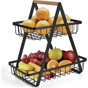 Fruitschaal Etagere 2 Lagen voor Keuken - Large - 30x18x32 - Fruitmand Zwart Metaal - Keuken Organizer - Industrieel