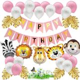 Jungle Decoratie Verjaardag Versiering pakket - Babydouche Safari Roze Goud - met dieren ballonnen en happy birthday slinger Meisje