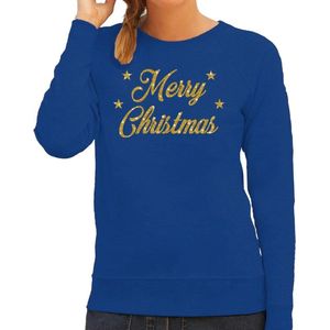 Foute Kersttrui / sweater - Merry Christmas - goud / glitter - blauw - dames - kerstkleding / kerst outfit S