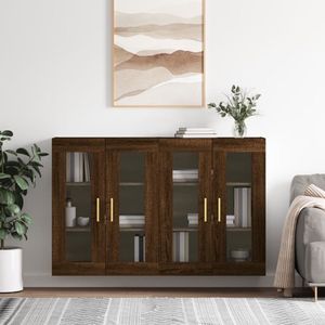 The Living Store Wandmeubel - Bruineiken - 69.5 x 34 x 90 cm - Hoge kwaliteit hout en glas