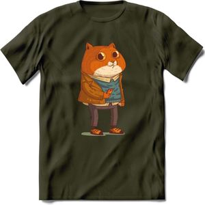 Casual kat T-Shirt Grappig | Dieren katten Kleding Kado Heren / Dames | Animal Skateboard Cadeau shirt - Leger Groen - XXL