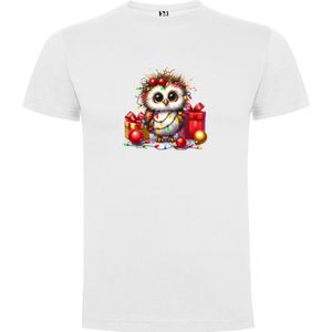 Wit T-Shirt met “Uiltje in Kerstsfeer - Kerst“ Print Full Color Maat S