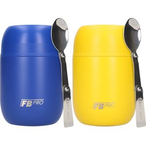 Thermos Voedselcontainer met Lepel x2 - Thermoskan Set van 2 - Voedsel container voor noodles, soep, havermout, ijs, babyvoeding en meer! - Yoghurt beker to go - Thermosbeker voor het meenemen van eten - Blauw & Geel - 420ml