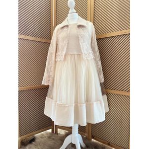luxe feestjurk met korte geborduurde jas, handtas, haardiadeem-galajurk-vintage jurk met kanten jas-bruiloft-communie-fotoshoot-champagne beige-katoen- 6 tem 7 jaar maat 122