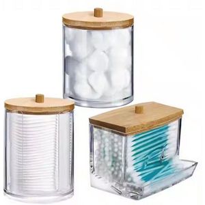 Set van 3 Wattenhouders – Badkamerorganizer met Houten Dekseks voor Wattenstaafjes, Wattenschijfjes en Wattenbolletjes - Stofvrij