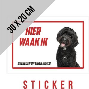 Waakbord/ sticker Labradoodle zwart | ""Hier waak ik"" | 30 x 20 cm | Waakhond | Hond | Chien | Dog | Betreden op eigen risico | Mijn huisdier | Permanente lijm | Rechthoek | Witte achtergrond | 1 stuk