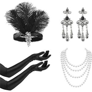 5 stuks 1920 accessoires set, grote Gatsby accessoires set, jaren 20 mode flapper hoofdband, lange handschoenen parel ketting, dames Charleston Fancy Set, vintage fancy dress voor vrouwen