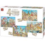 King 4 x 1000 Stukjes Puzzel (68 x 49 cm) - Comic City Collection - 4in1 Legpuzzel Cartoon + Posters