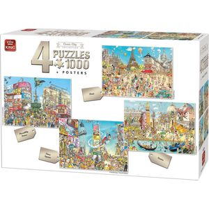 King 4 x 1000 Stukjes Puzzel (68 x 49 cm) - Comic City Collection - 4in1 Legpuzzel Cartoon + Posters
