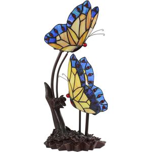 LumiLamp Tiffany Tafellamp 24x17x47 cm Blauw Geel Glas Kunststof Vlinders Tiffany Bureaulamp