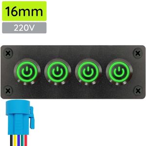 ProRide Metalen Drukschakelaars ON-OFF 220V - 16mm - Viervoudig inbouwpaneel - IP67 - LED indicatie Groen