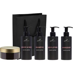 Compleet pakket White Lotus - Shower & Wash + Shampoo + Bodylotion + Handzeep + Scrubzout 300 gram - 300 ml per fles - complete set van 5 stuks - met luxe gift tas - cadeau - giftset voor hem en haar