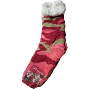 Huissokken - Camouflage - Combat - Heerlijk warm - Antislip Zool - Gevoerd met Imitatie wol - Maat: 36-41 - Roze/Rood/Groen