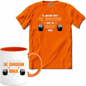 Ik snurk niet, ik droom dat ik max ben | Race Fan kleding | Supporter | Dutch Army | Autosport Cadeau | Kado Tip | - T-Shirt met mok - Unisex - Oranje - Maat S