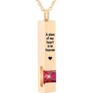 Luxe Ashanger | Met Ketting En Gravering | A Piece Of My Heart Is In Heaven | Assieraad | Rosegoudkleurig Met Rode Steen | As Ketting | Gedenksieraad | Urn | Incl. As vuller