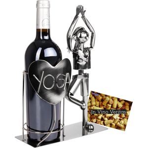 BRUBAKER Wijnflessenhouder Yoga - Metalen sculptuur flessenstandaard omarmend katje - metalen figuur wit cadeau voor yogi en yoga-liefhebbers - met wenskaart