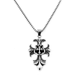 60cm x 3mm Ketting + Retro Kruishanger Heren - Stalen Zilver Kleur - Fleur de Lis Desing