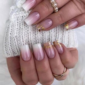 Allecto plus - Set van 24 Vierkante Nepnagels in Goud Folie Roze en Wit Gradiënt - Press on Nagels voor Vrouwen en Meisjes