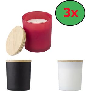 Set van 3 Geurkaarsen in herbruikbaar glas met Bamboe deksel Rood ( Kaneel aroma), Zwart ( Sandelhout ), Wit ( Vanille aroma )