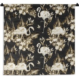 Wandkleed - Wanddoek - Flamingo - Bloemen - Goud - Patronen - 60x60 cm - Wandtapijt