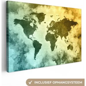 Canvas Wereldkaart - 140x90 - Wanddecoratie Wereldkaart - Groen - Blauw