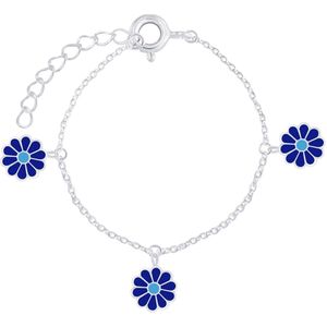 Joy|S - Zilveren madelief bloem bedel armband - blauwe bloemetjes - 14 cm + 3 cm extension - voor kinderen