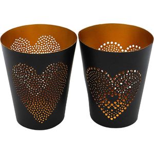 Windlichten hart motief van metaal - 14x 10 cm zwart goud kaarsenhouder moderne theelichthouder elegante tafeldecoratie 1105 - 2 stuks