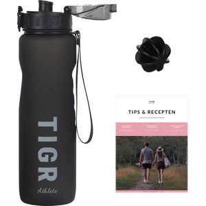 TIGR Athlete - Drinkfles 1 liter - Zwart - Volume Indicator - Met eBook en Mengbal voor Shakes